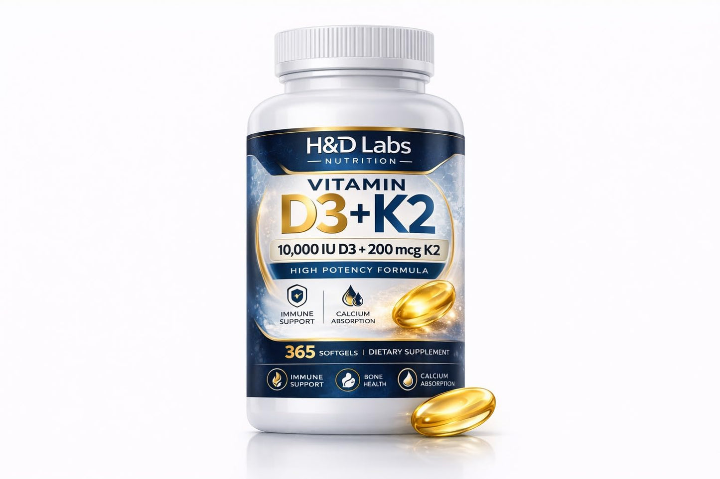 H&D Labs Nutrition Vitamin D3 K2 10000 IU (125mcg) with MK-7 – High Potency Bone & Immune Support – 365 Capsules