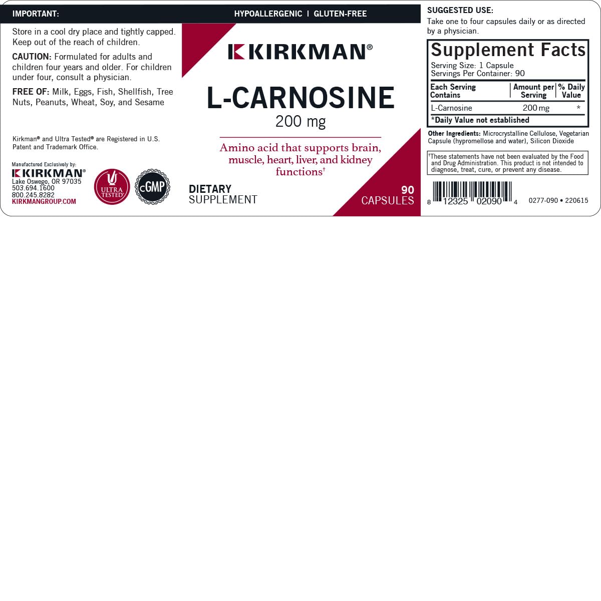 Kirkman L-Carnosine 200 mg Capsule, 90 Count