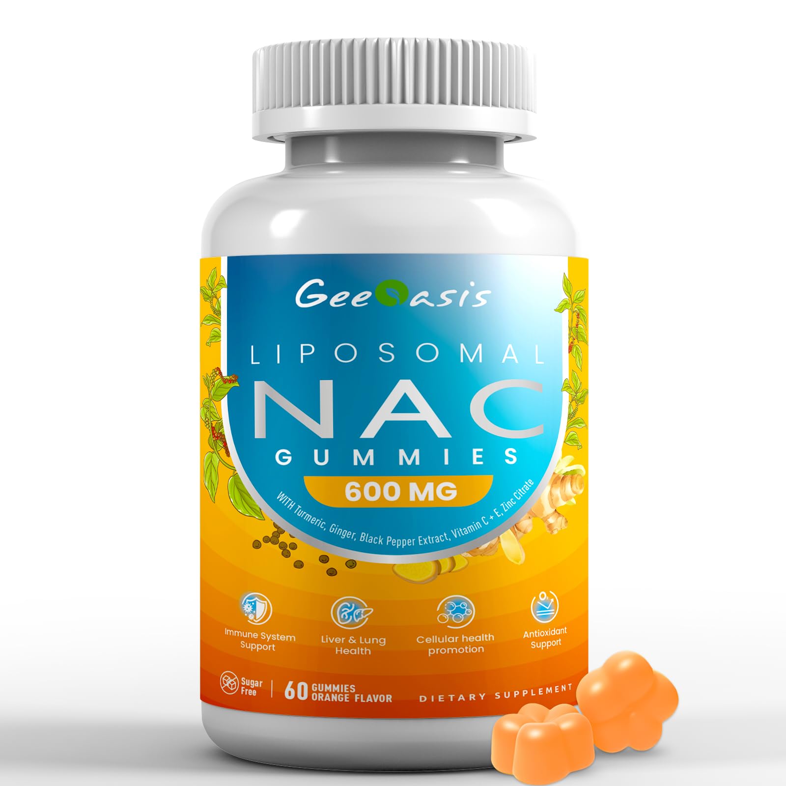 Geeoasis Liposomal NAC Gummies 600mg N-Acetyl Cysteine, Pineapple Flavor, Sugar-Free, Immune & Liver & Lung Support, with Turmeric, Ginger & Black Pepper, 60 Gummies