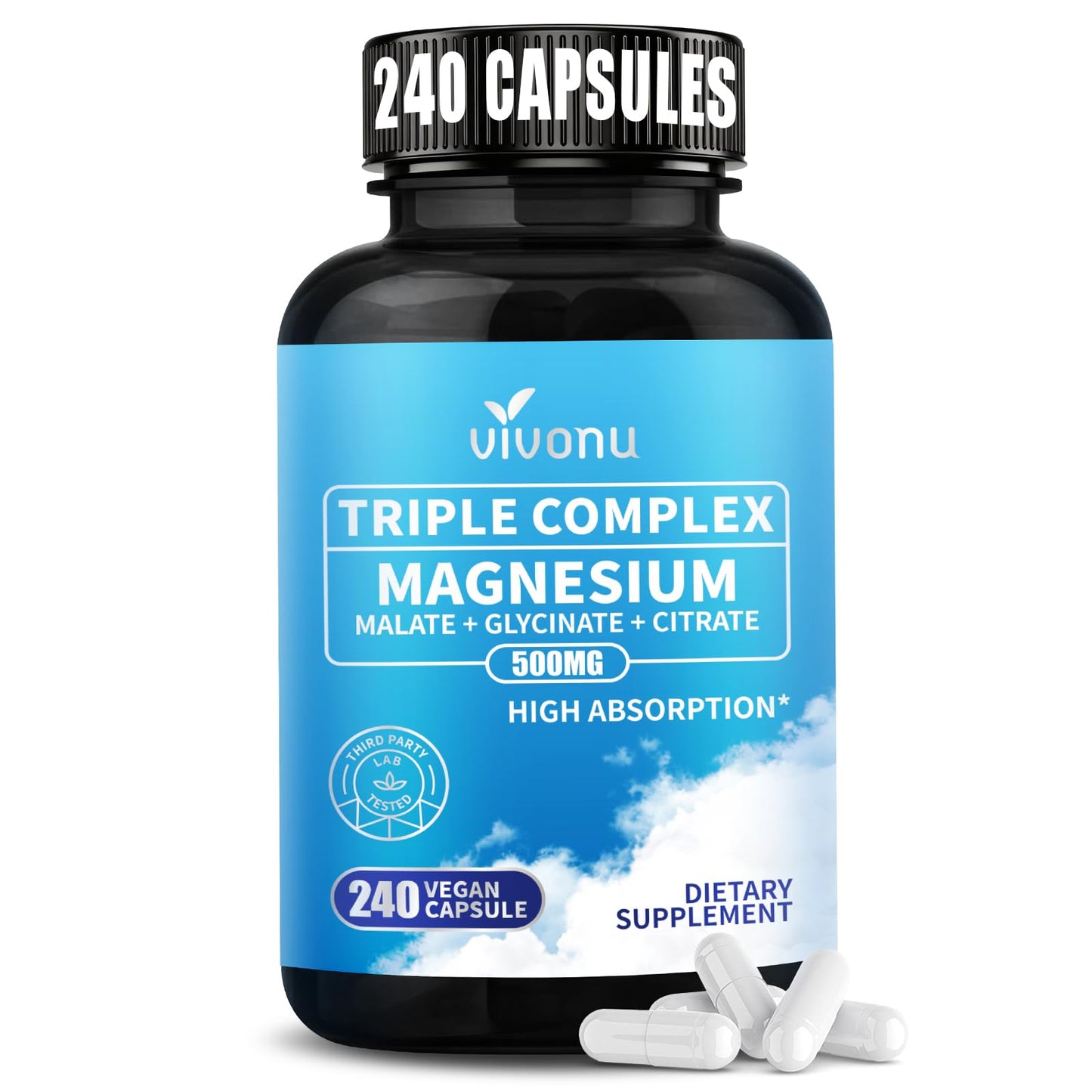 VivoNu Magnesium Complex for Women and Men, Chelated Magnesium Supplement, 240 Capsules