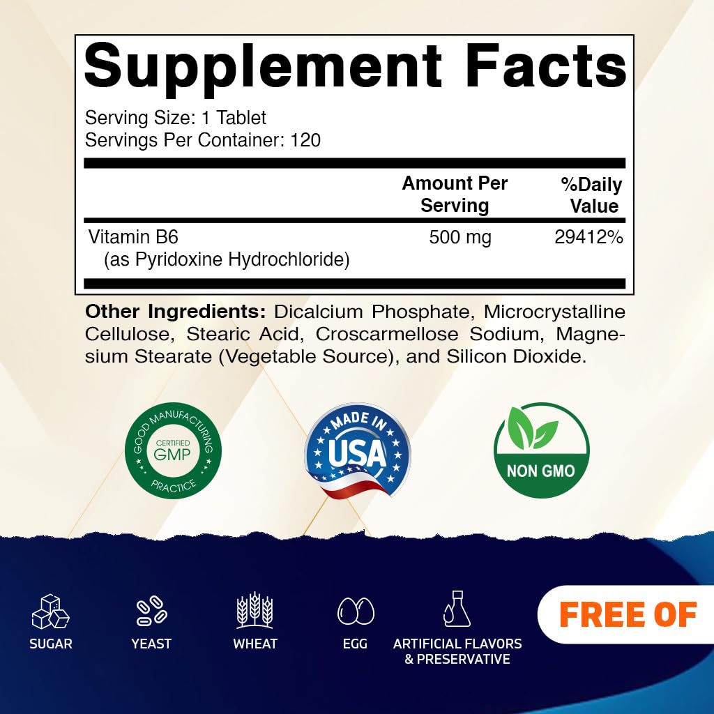 Vitamatic Vitamin B6 (Pyridoxine HCI) 500 mg Tablet, 240 Tablets