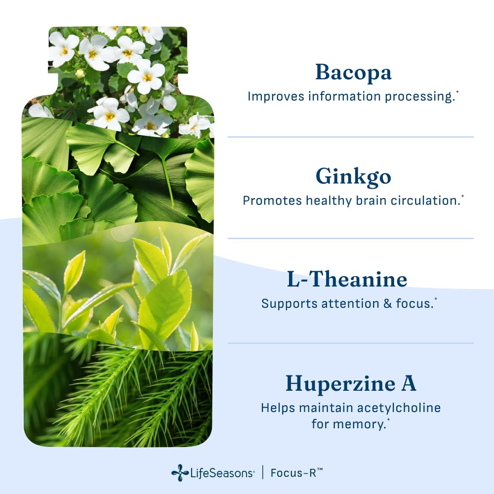 LifeSeasons Focus-R Concentration Support – Memory, Focus & Mental Clarity Supplement with Bacopa, Rhodiola, L-Tyrosine & B Vitamins – Cognitive Performance & Brain Energy, 60 Veg Capsules