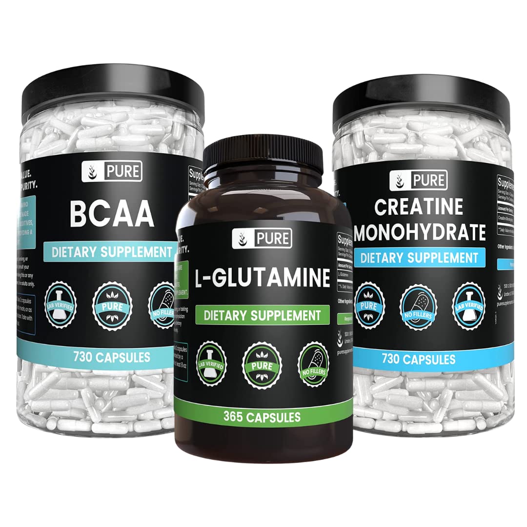 Pure Original Ingredients Creatine Monohydrate, BCAA, & L-Glutamine Capsules Bundle, 730 Capsules