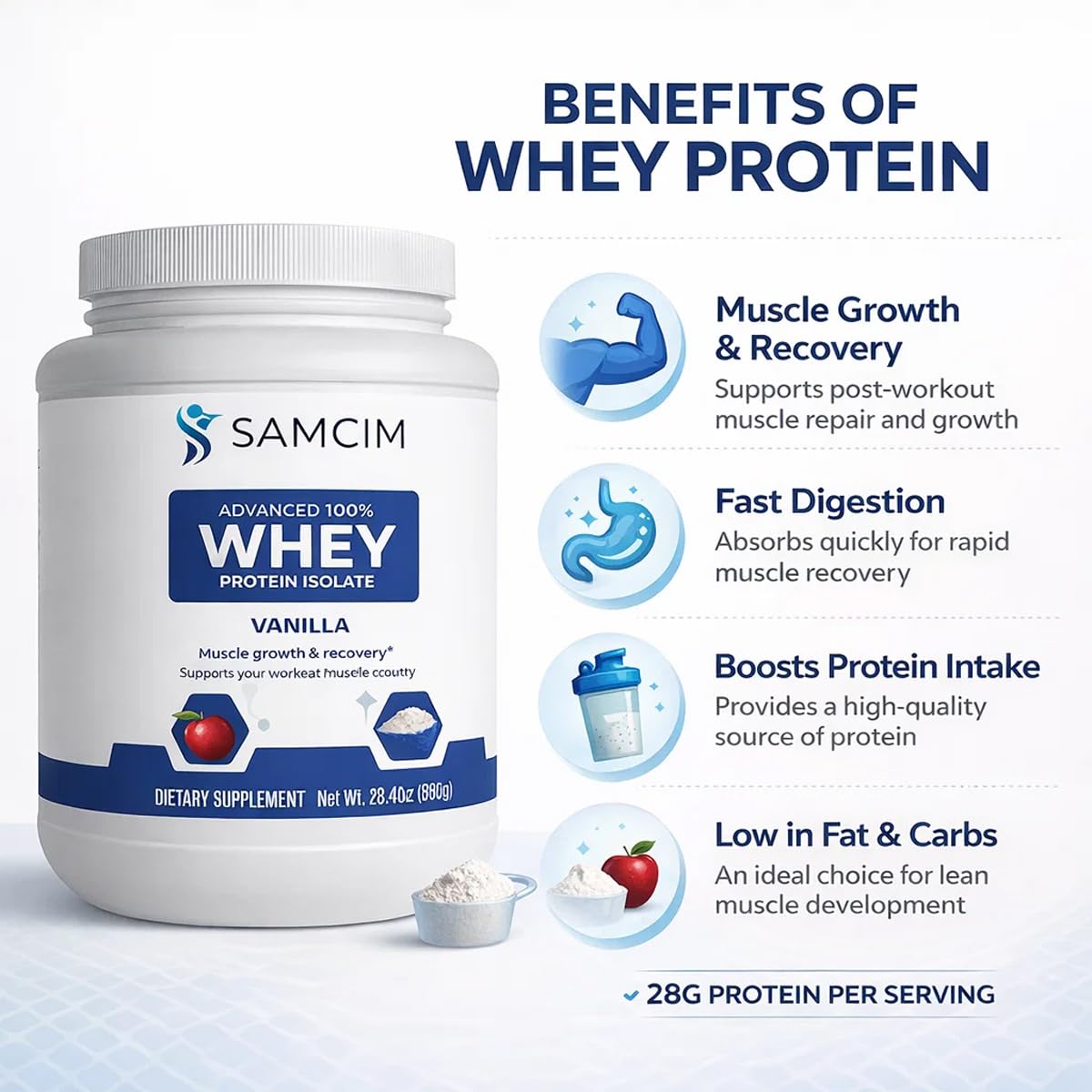 SAMCIM Advanced 100% Whey Protein Isolate Vanilla Flavor Protein Powder, 28.4 oz