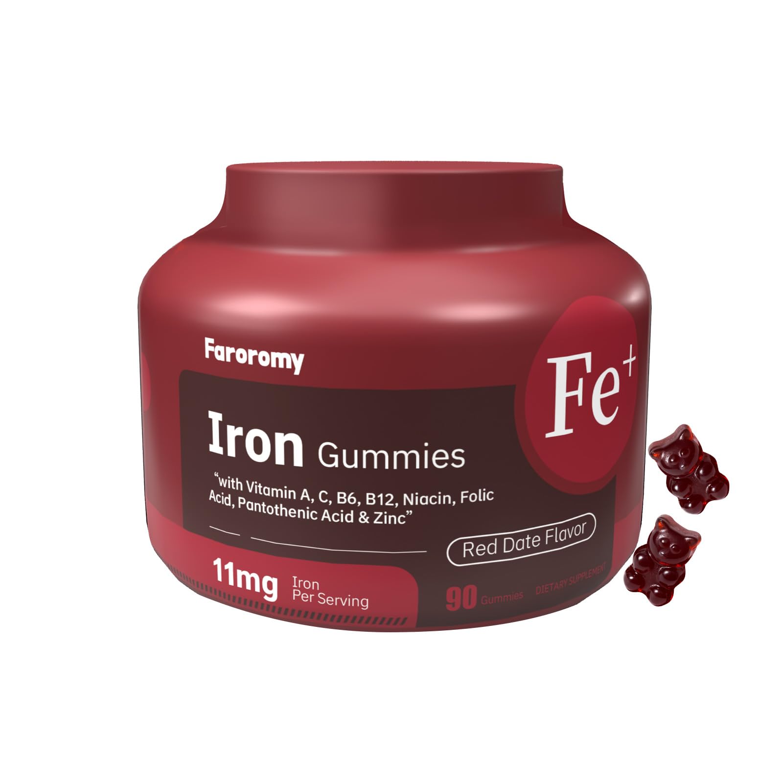 Faroromy Iron & Multivitamin Gummies for Adults & Kids, Folate, Vitamin C, B12, B6 & Zinc - Red Date Flavor, 90 Count