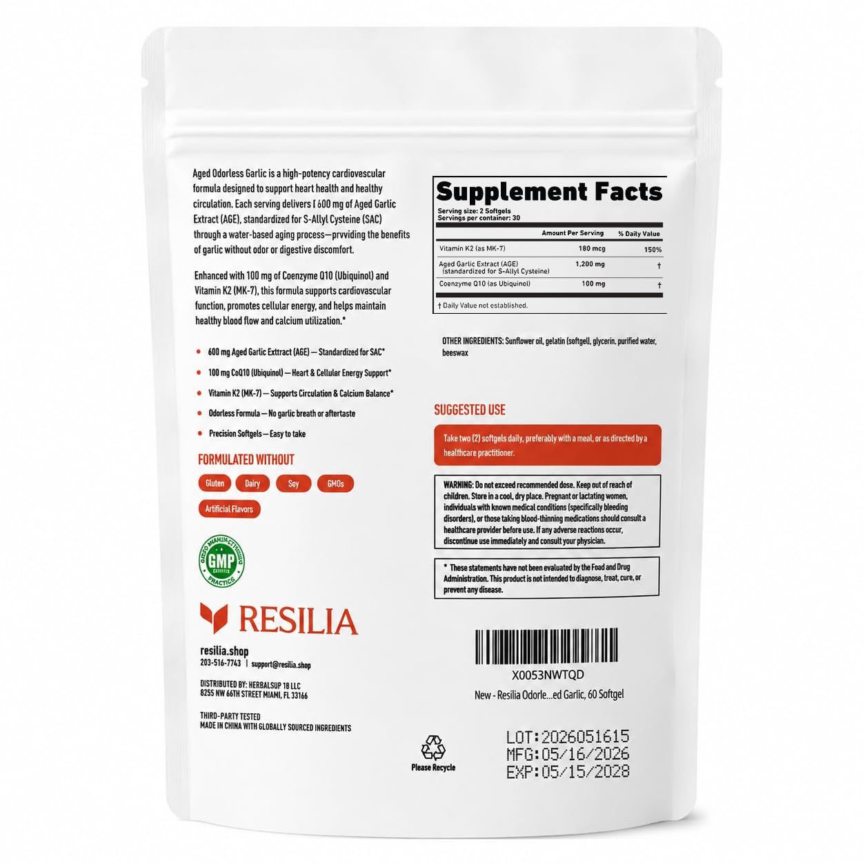 Resilia Oil Of Oregano Odorless Aged Garlic Extract Capsule 180 Count