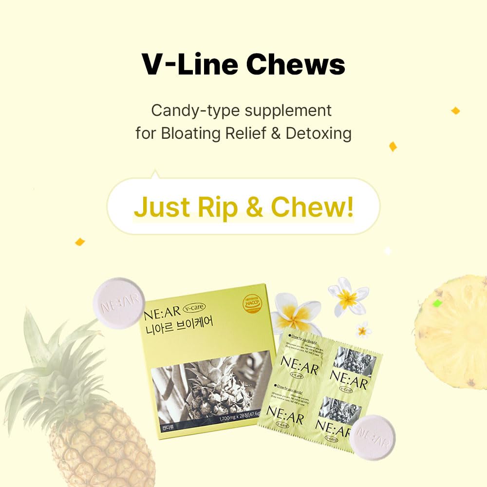 NE:AR V-Line Chewable – Herbal Anti-Bloat Formula with Circulation & Water Balance Support – Pineapple Flavor, 28 Count
