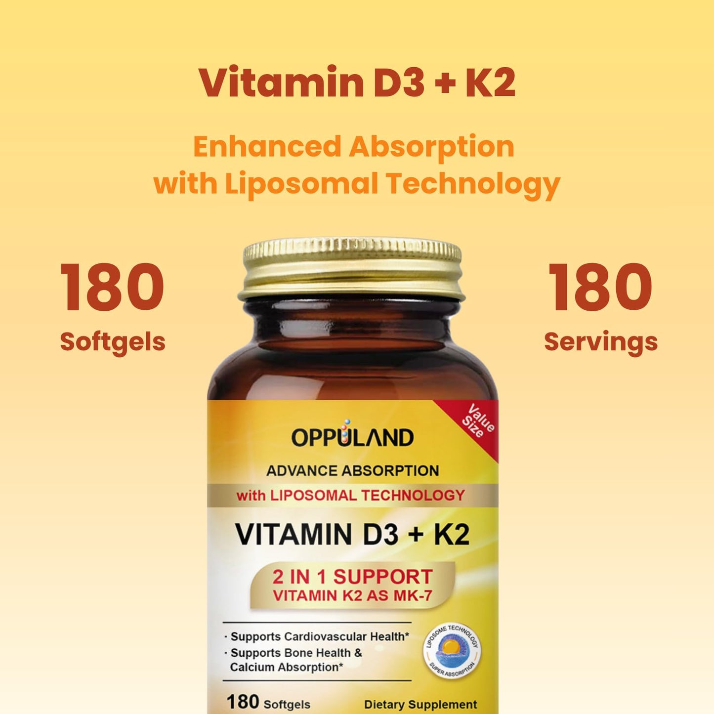 oppuland Vitamin D3 + K2 5000 IU Liposomal Technology for Enhanced Absorption MK-7 Vitamin K2 100mcg Supports Bone & Calcium Metabolism D3K2 Supplement for Men & Women Softgels 180