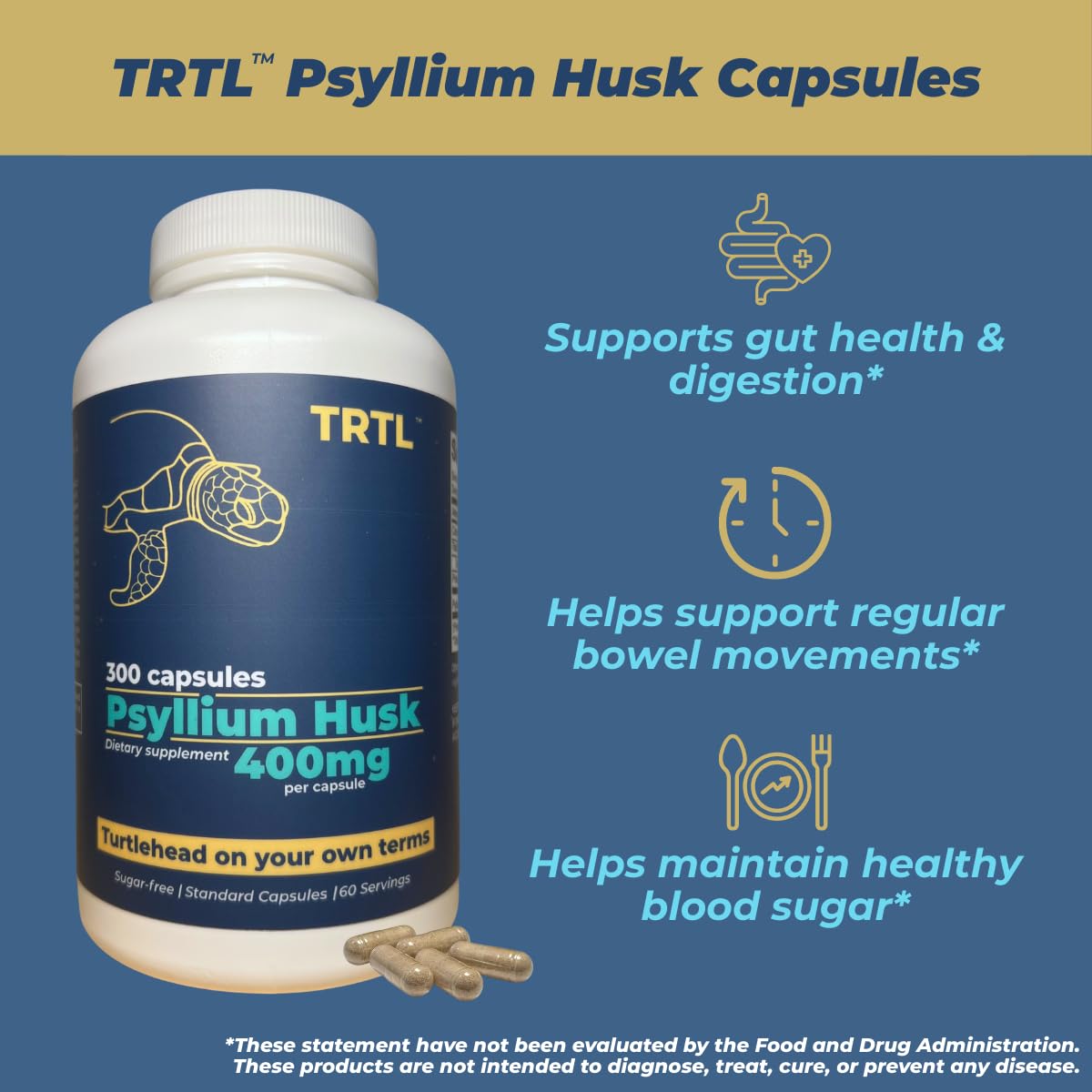 TRTL Supplements Psyllium Husk Capsules 300 Count