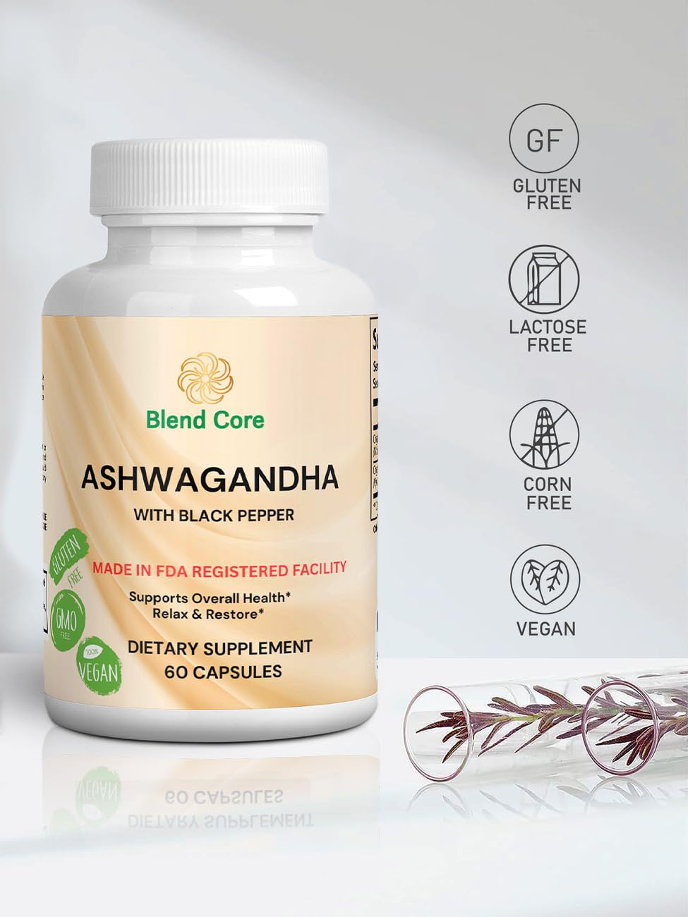 Blend Core Ashwagandha with Black Pepper Capsules, 60 Count
