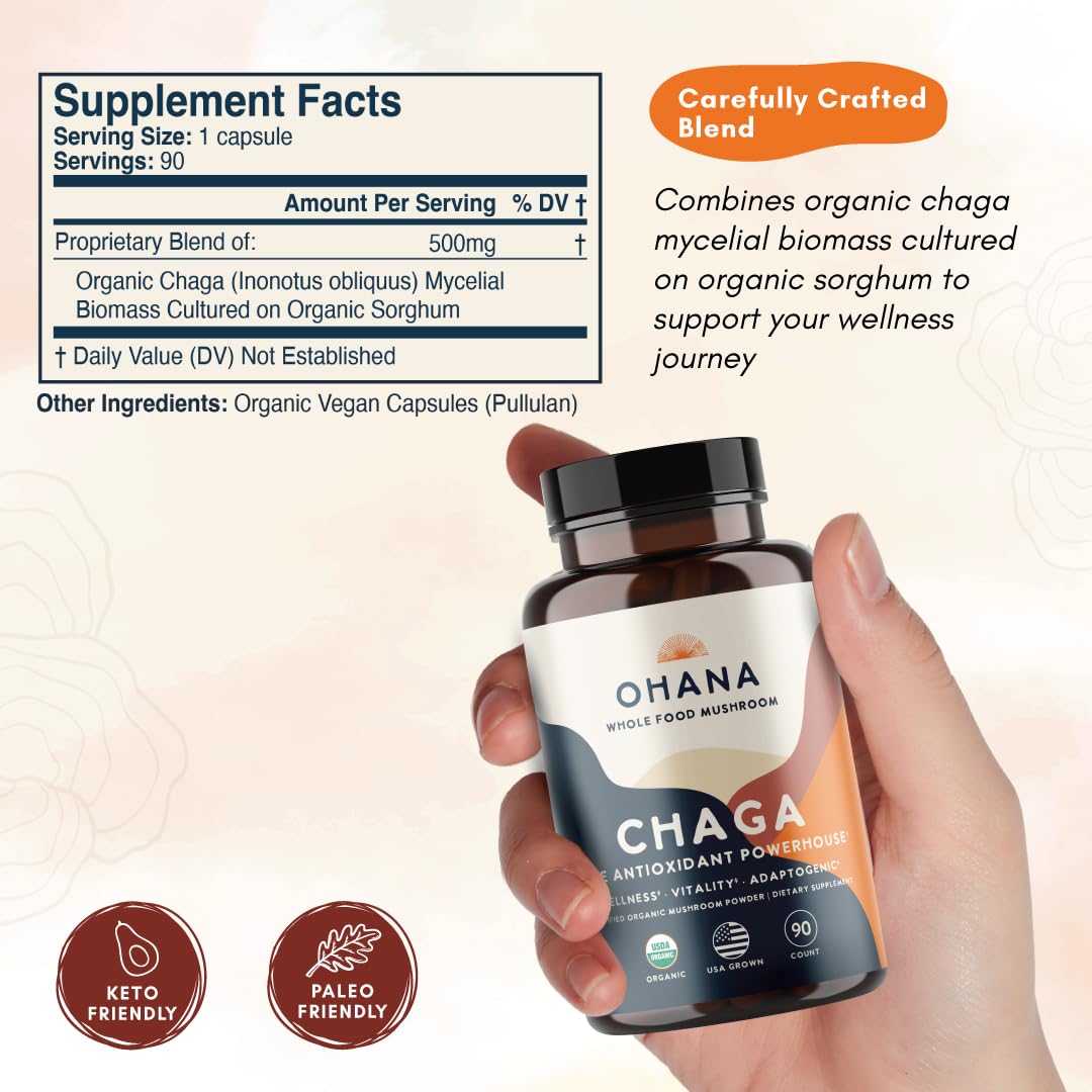 Ohana Mushrooms Chaga Organic Mushrooms Blend Capsule, 1 Count