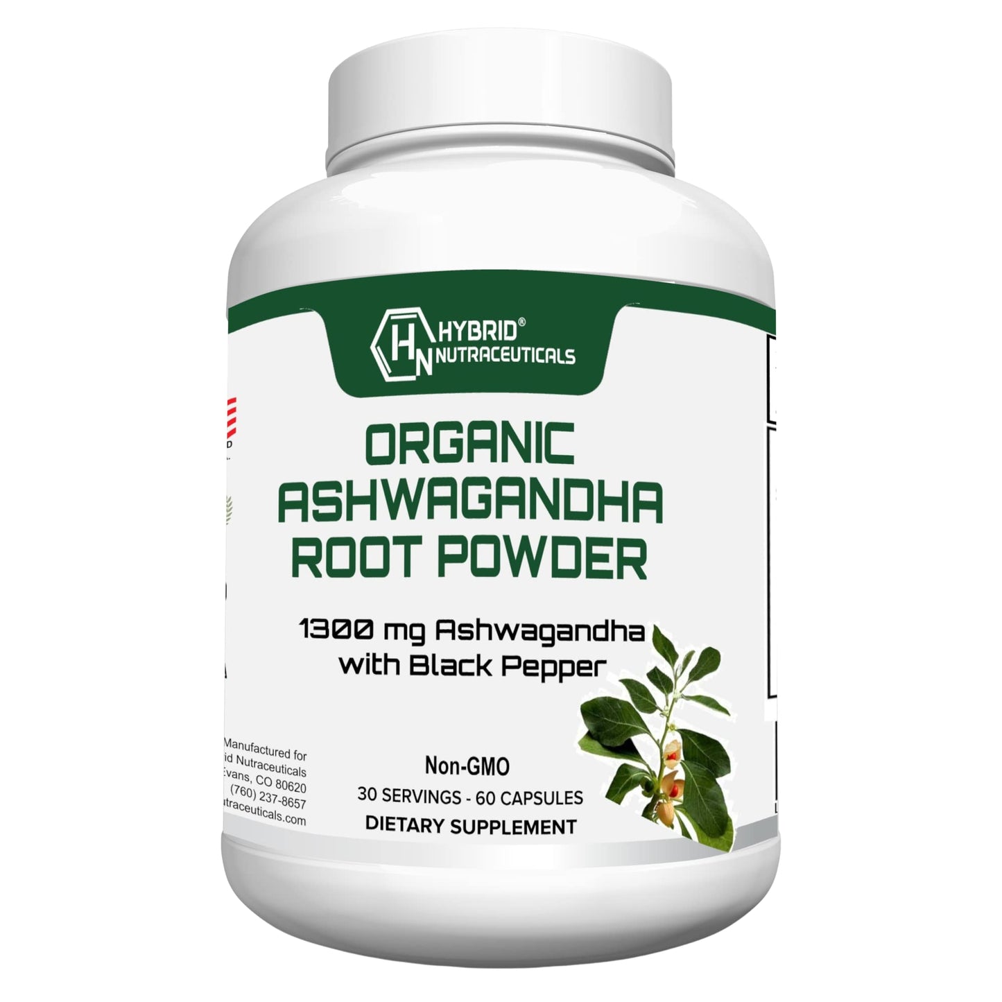 Hybrid Nutraceuticals Organic Ashwagandha Root Powder Capsules 1300mg with Black Pepper Extract, 60 Capsules