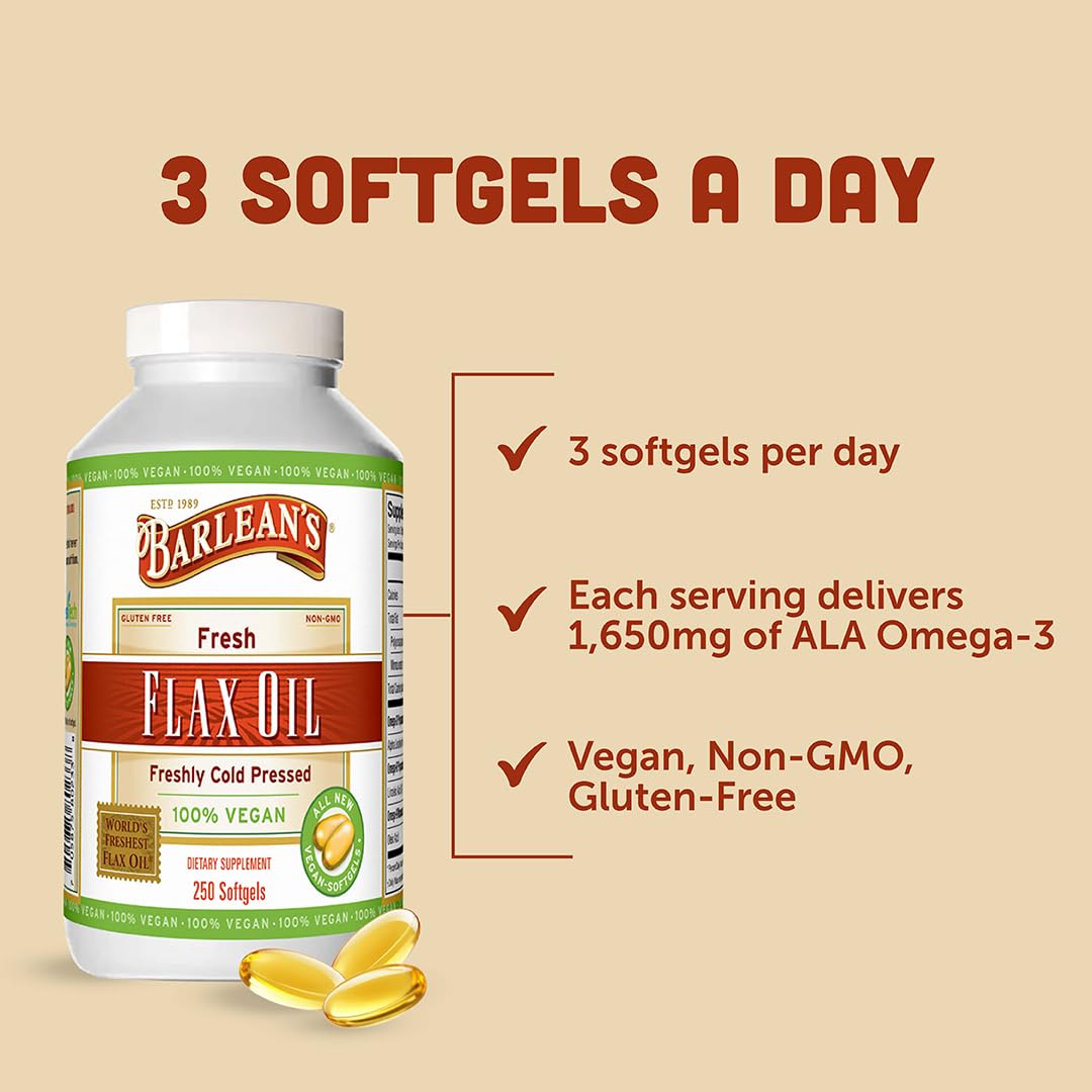 Barlean's Vegan Cold-Pressed Flaxseed Oil Supplements Softgels, 1650 mg ALA Fatty Acids, 250 Count
