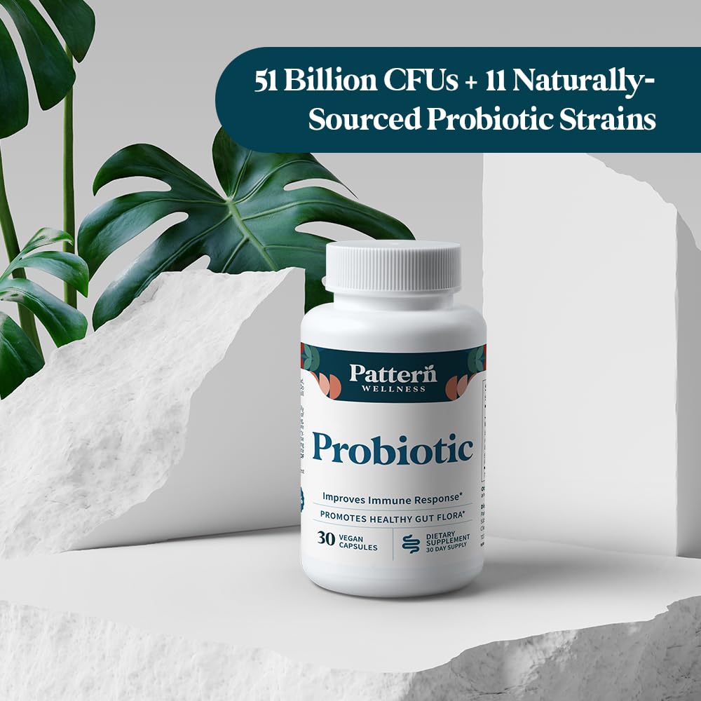 Pattern Wellness Probiotic Supplement - 51 Billion CFU - Supports Digestive Balance & Gut Wellness - Mindfully Sourced, Non-GMO, 60 Vegan Capsules