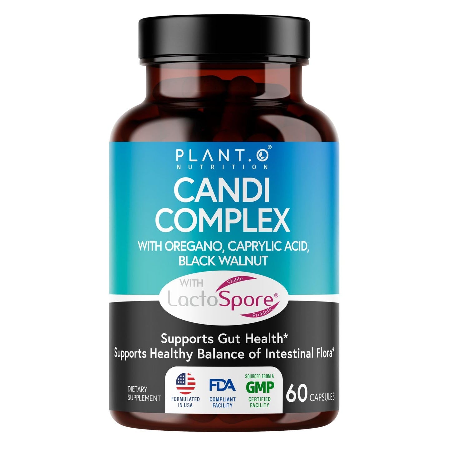 PLANT.O NUTRITION Candida Cleanse Supplement & Yeast Support with Probiotics (LactoSpore®), Oregano Oil, Caprylic Acid, Black Walnut – Advanced Gut Health, Digestive Enzymes, pH Balance for Women and Men, 60 Capsules