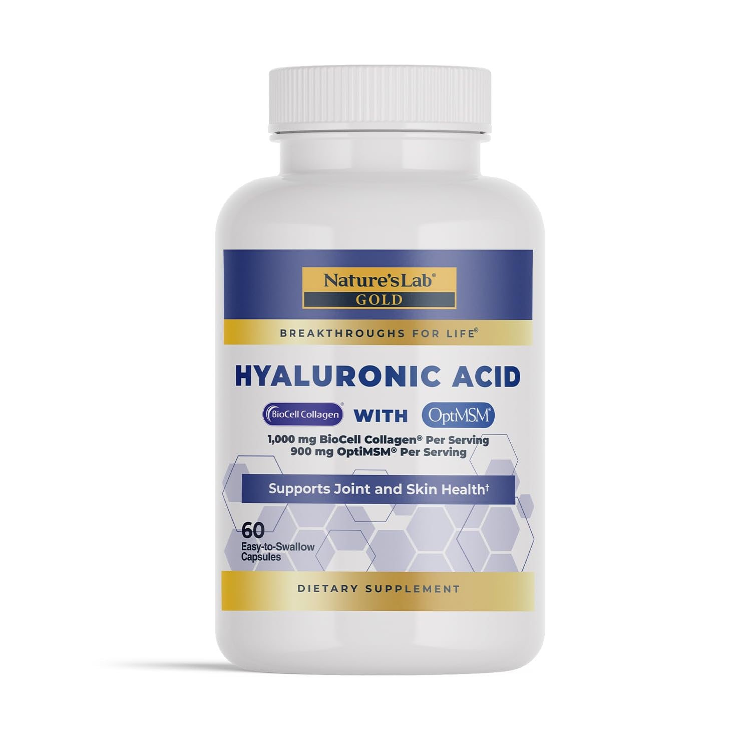 Nature's Lab Hyaluronic Acid with Biocell Collagen and MSM - Skin Hydration, Joint Health 60 Capsules