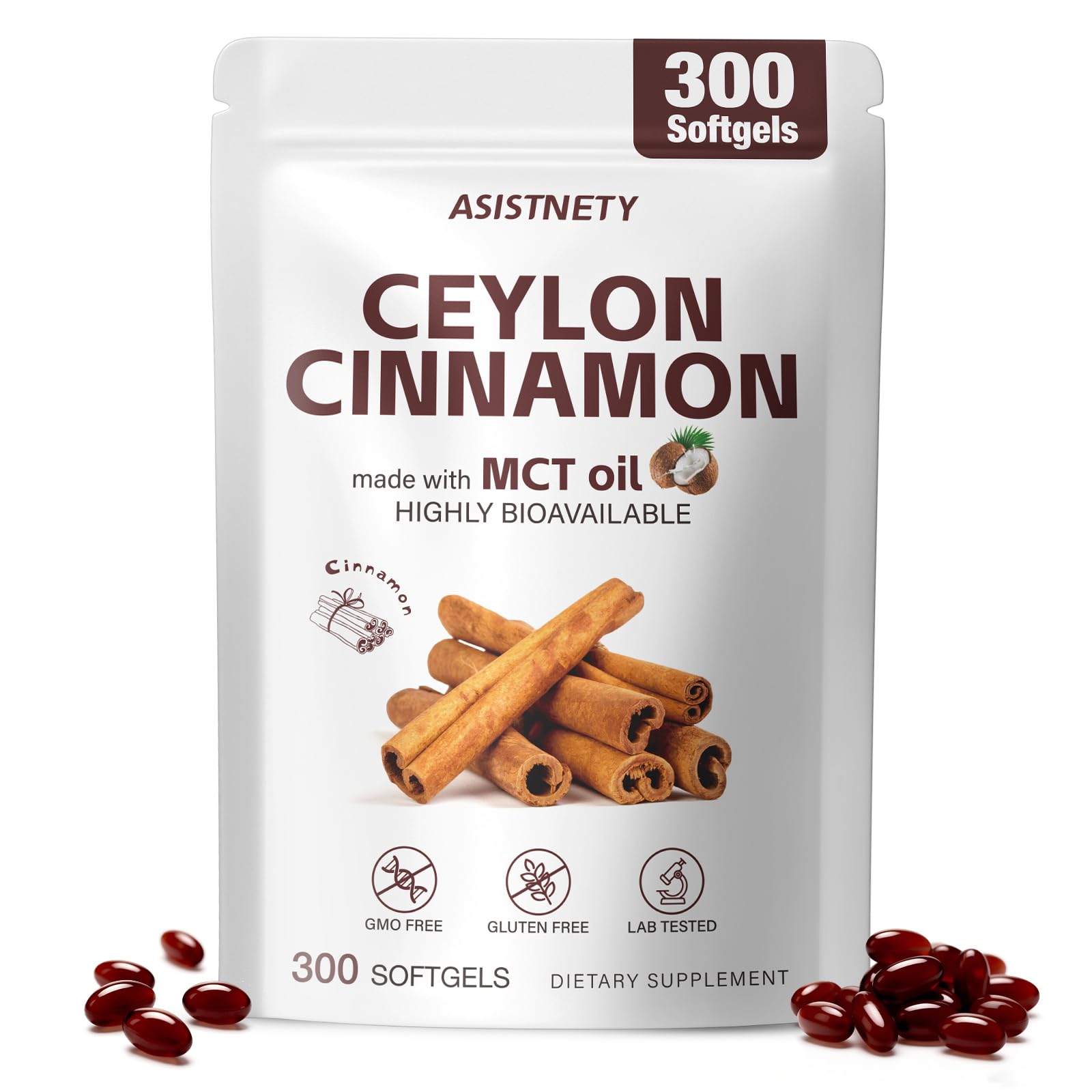 ASISTNETY Ceylon Cinnamon Softgels with MCT Oil, 300 Softgels