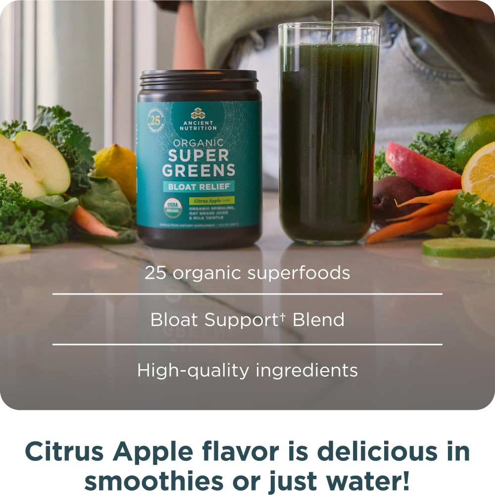 Ancient Nutrition Organic SuperGreens Bloat Relief Powder, 8.5 oz