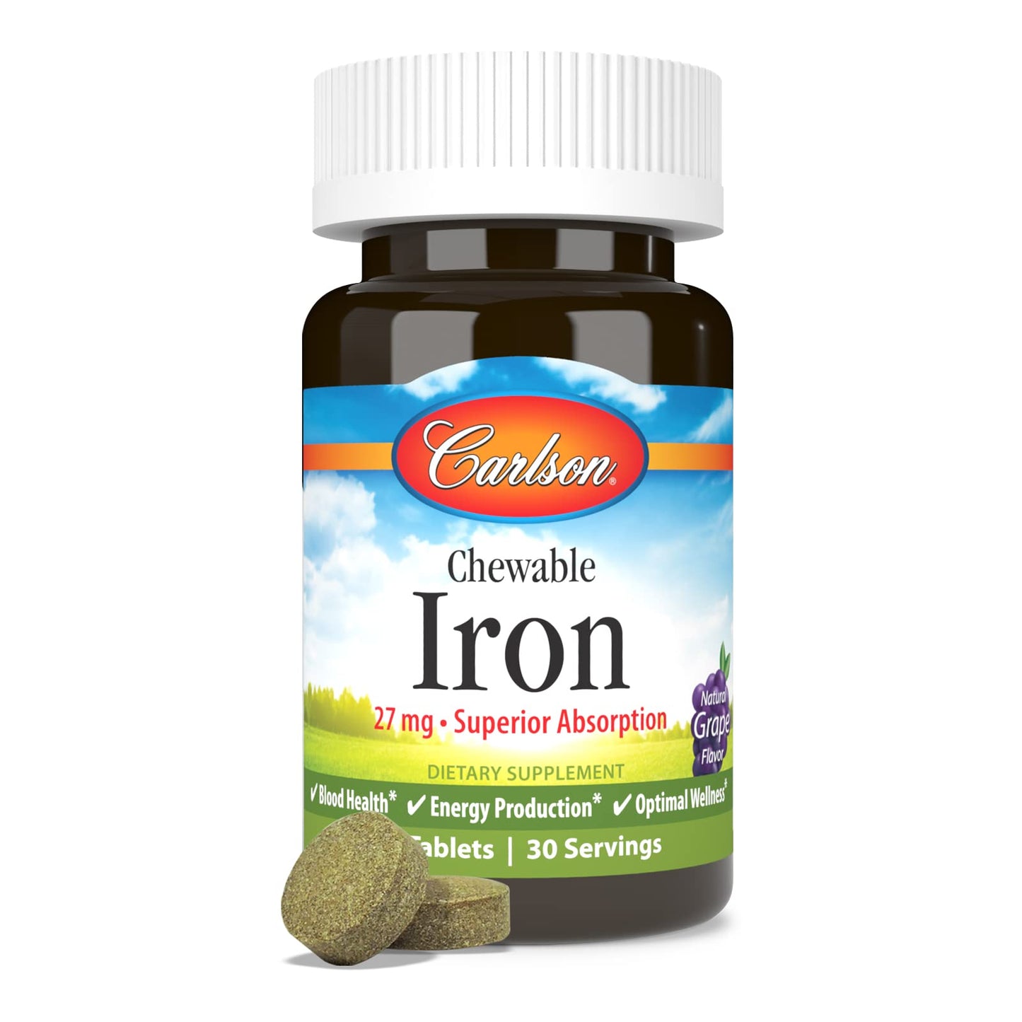 Carlson Chewable Iron 27 mg, Grape, Blood Health, 30 Tablets