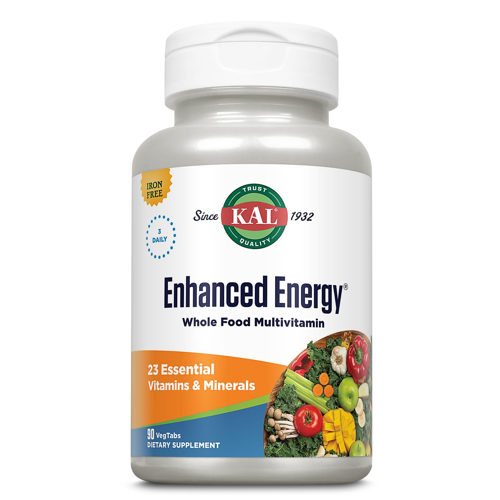 KAL Enhanced Energy Supplements Whole Food Multivitamin for Women and Men Iron Free Powder, 90 Count