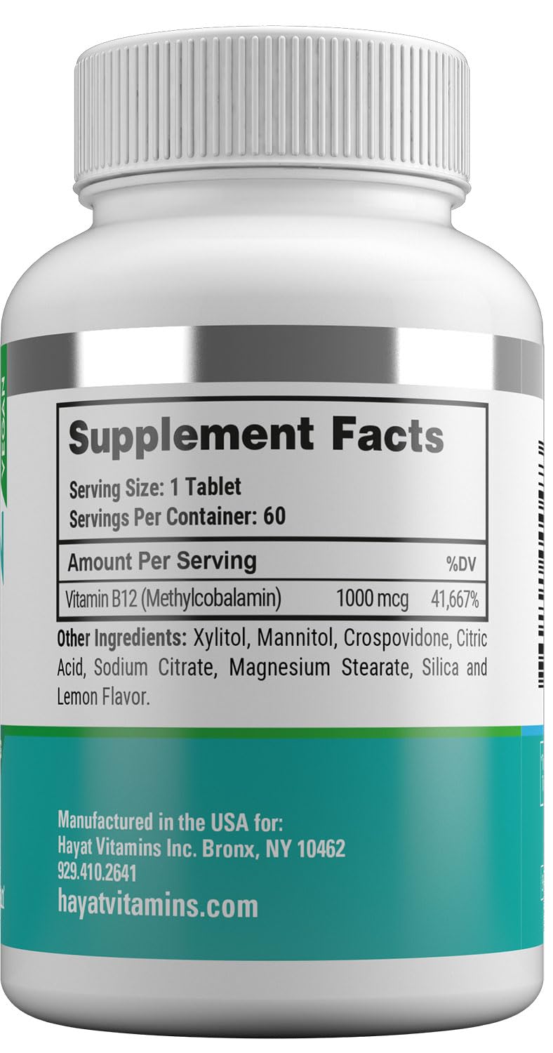 HAYAT Vegan Natural Vitamin B12 1000 mcg Tablets, 60 Count