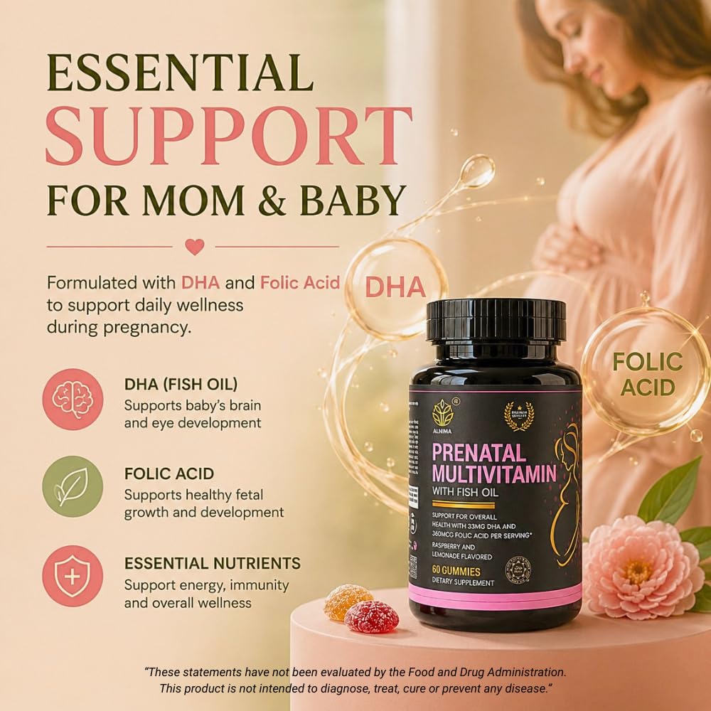 ALNIMA Prenatal Multivitamin Gummies with DHA & EPA from Fish Oil, 60 Gummies