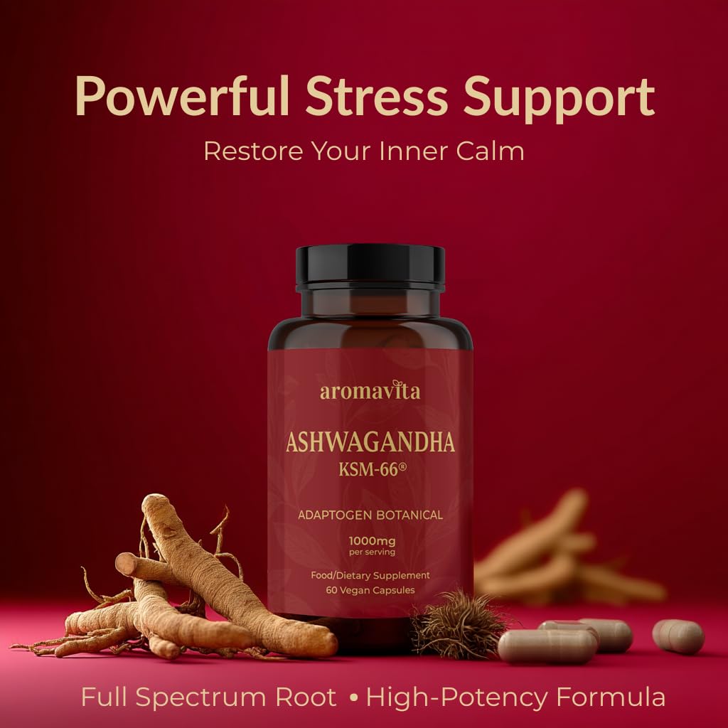 AROMAVITA Ashwagandha Capsules 1000mg KSM-66 Daily Dose, 1 Count