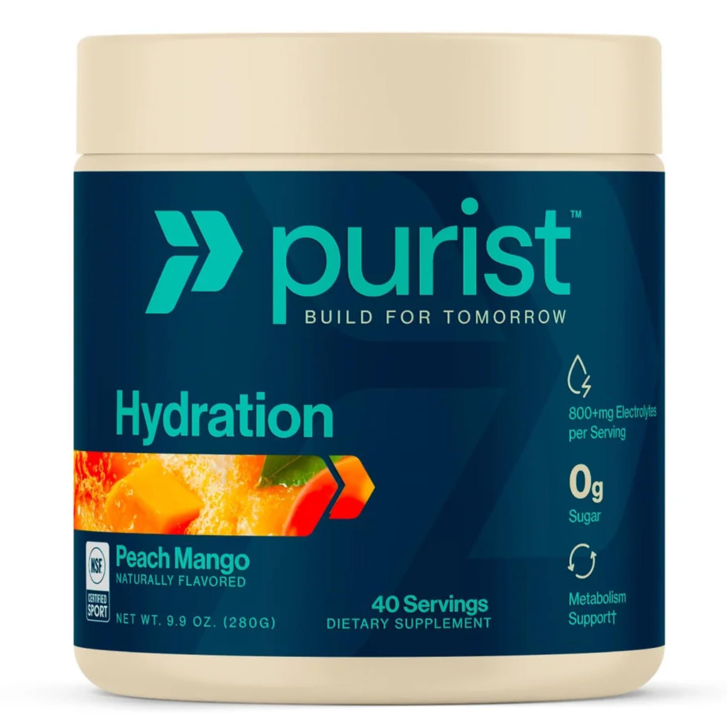 Purist Electrolyte Powder 800mg Electrolytes, Sugar Free, NSF Sport - 40 Servings Peach Mango