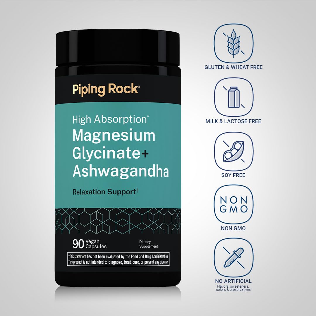 Piping Rock Magnesium Glycinate & Ashwagandha Complex Supplement, Capsule, 90 Count