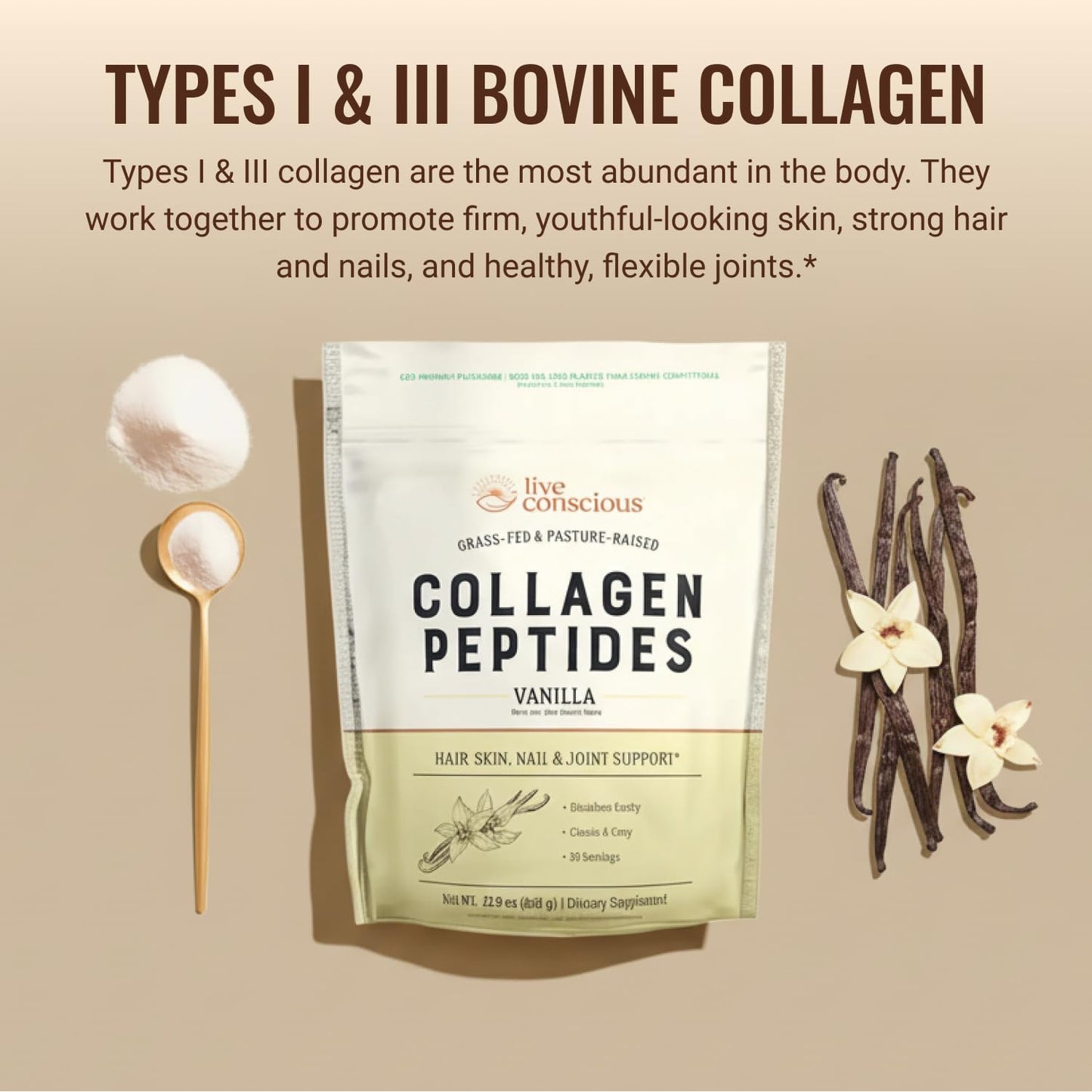 Live Conscious Collagen Peptides Powder - Vanilla Flavored - Hair, Skin, Nail, & Joint Support - Type I & III Grass-Fed Collagen for Women and Men - 26