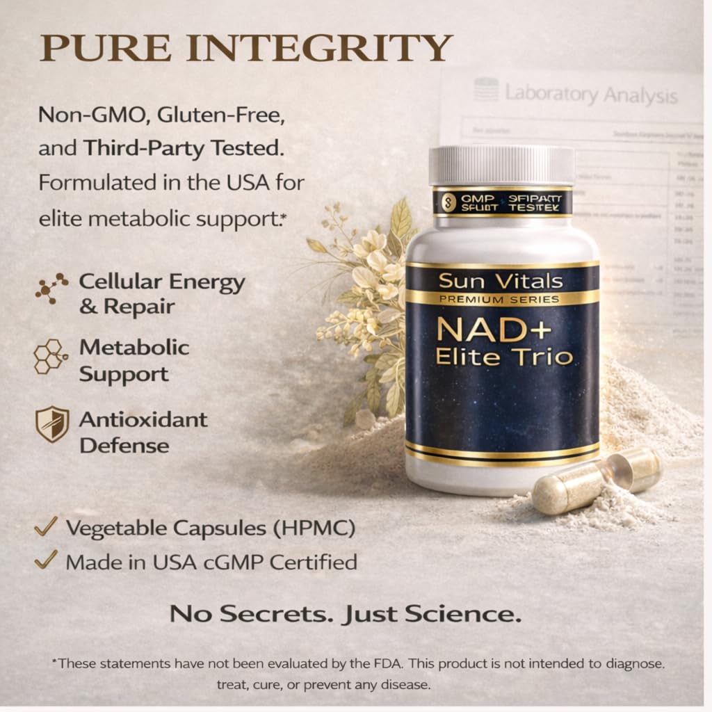 Sun Vitals Natural NAD+ Supplement 500 mg with Resveratrol & Quercetin, 60 Capsules