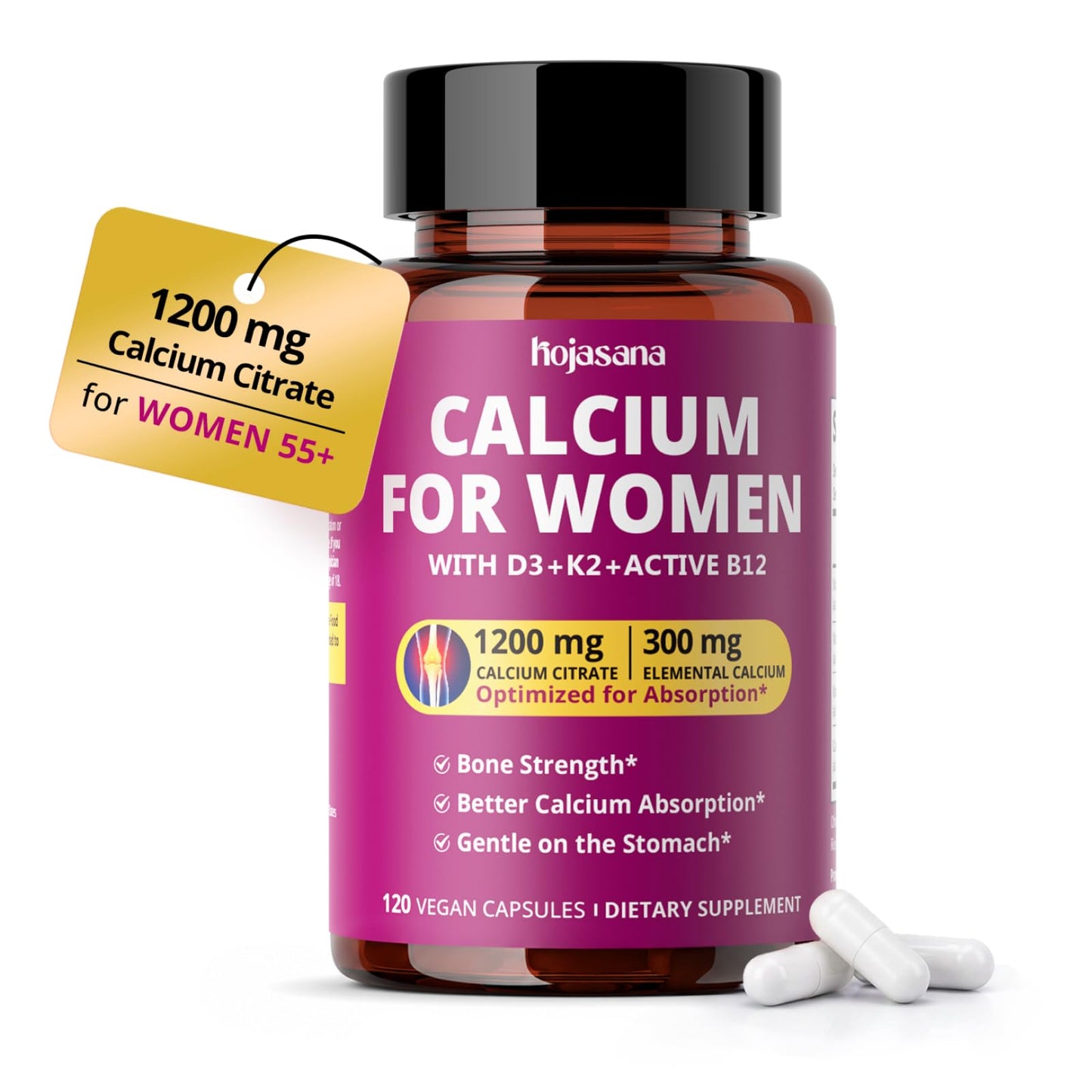 HojaSana Calcium 1200 mg with Vitamin D3 Capsules, 120 Count