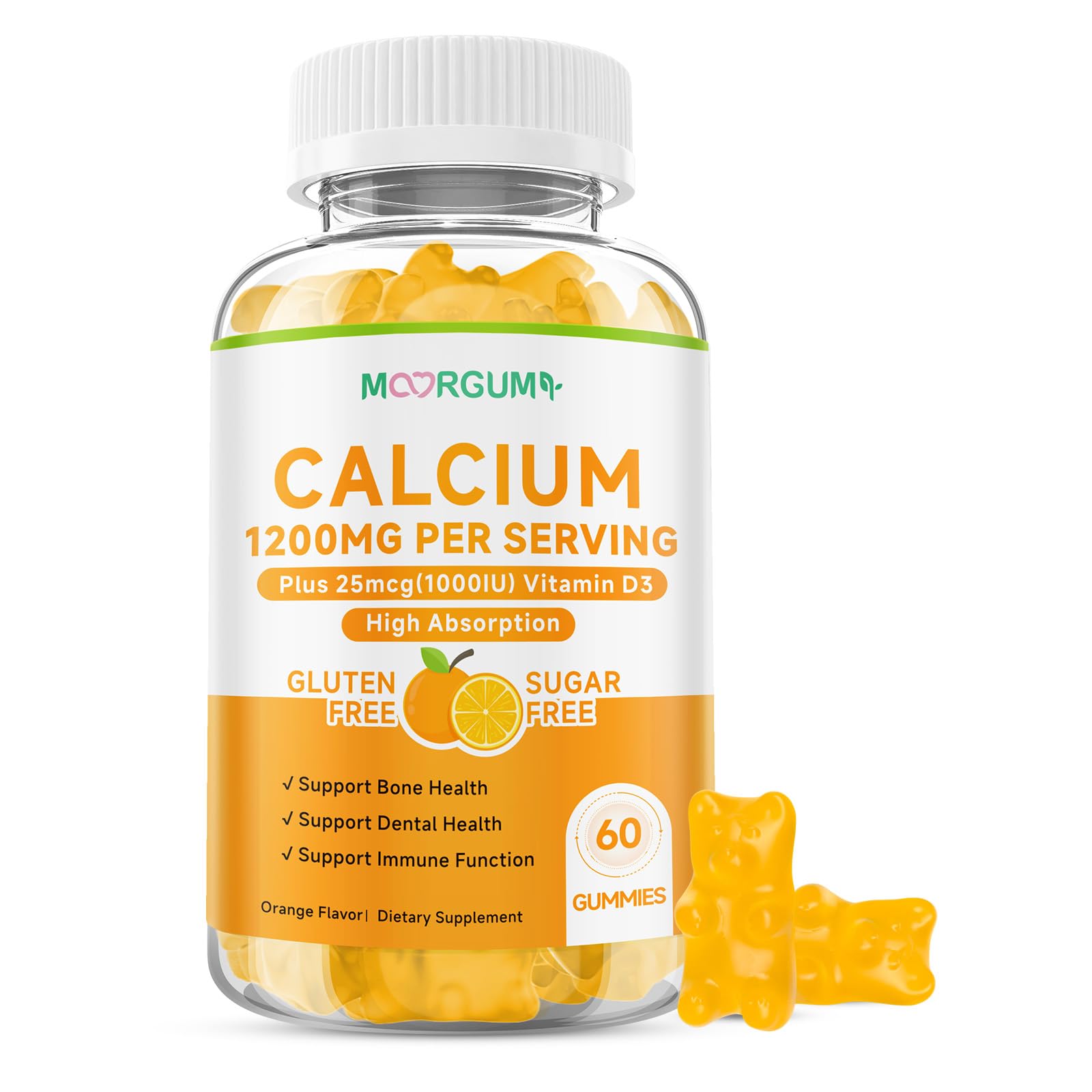 MOORGUMY Calcium Citrate Gummies with Vitamin D3 1000IU, 1200 mg Calcium, 60 Count
