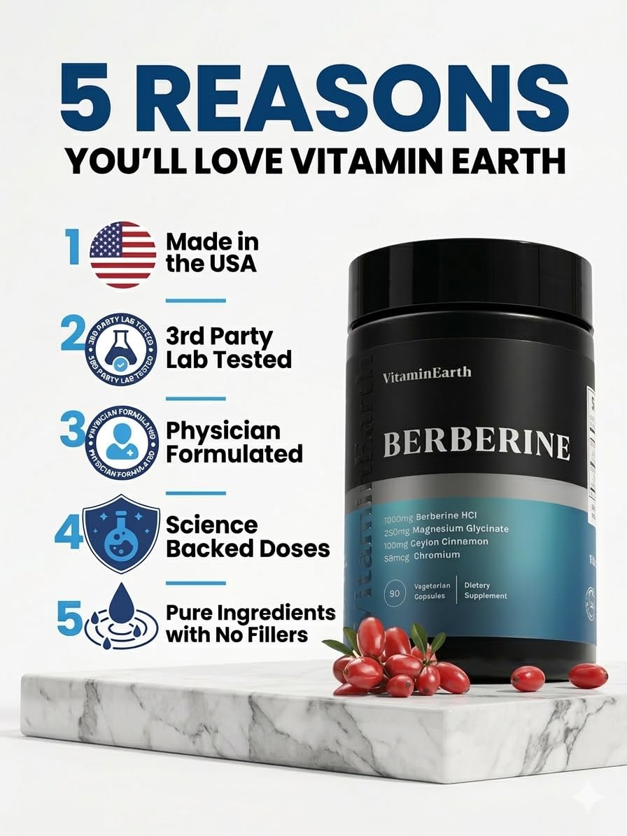 Vitamin Earth Berberine Complex 1000mg Berberine HCl with Magnesium, Ceylon Cinnamon & Chromium – Metabolic Wellness Support, Capsules, 90 Count