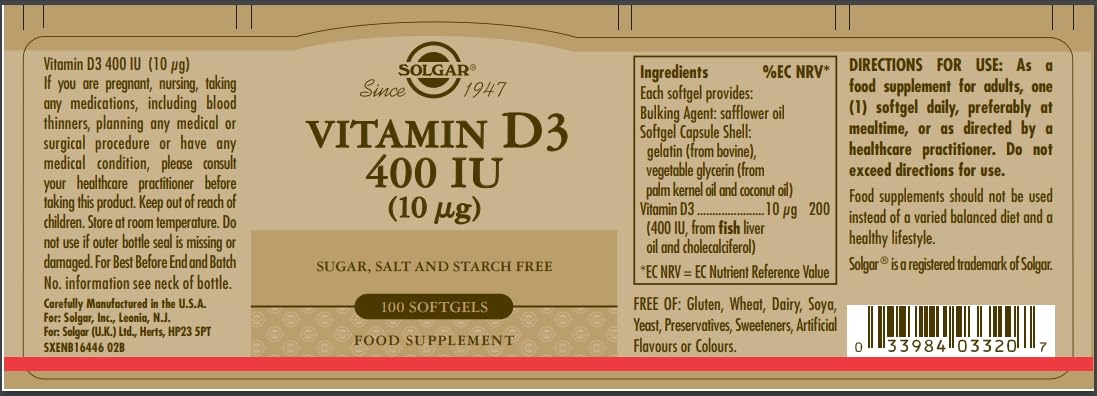 Solgar Vitamin D3 (Cholecalciferol) 400 IU Softgels 100 Count