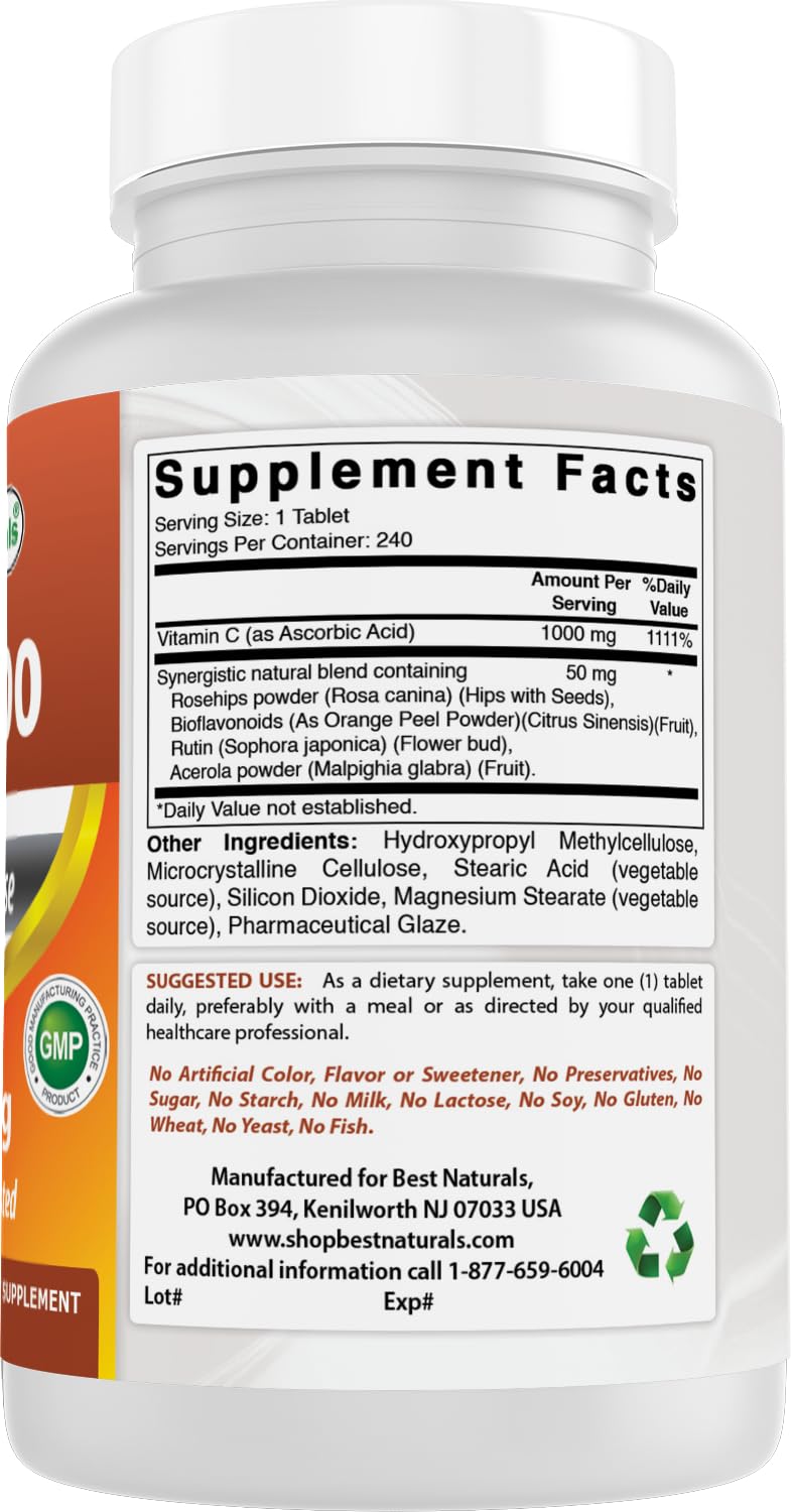 Best Naturals Vitamin C 1000 mg Tablets with Rose Hips, Berry 240 Count