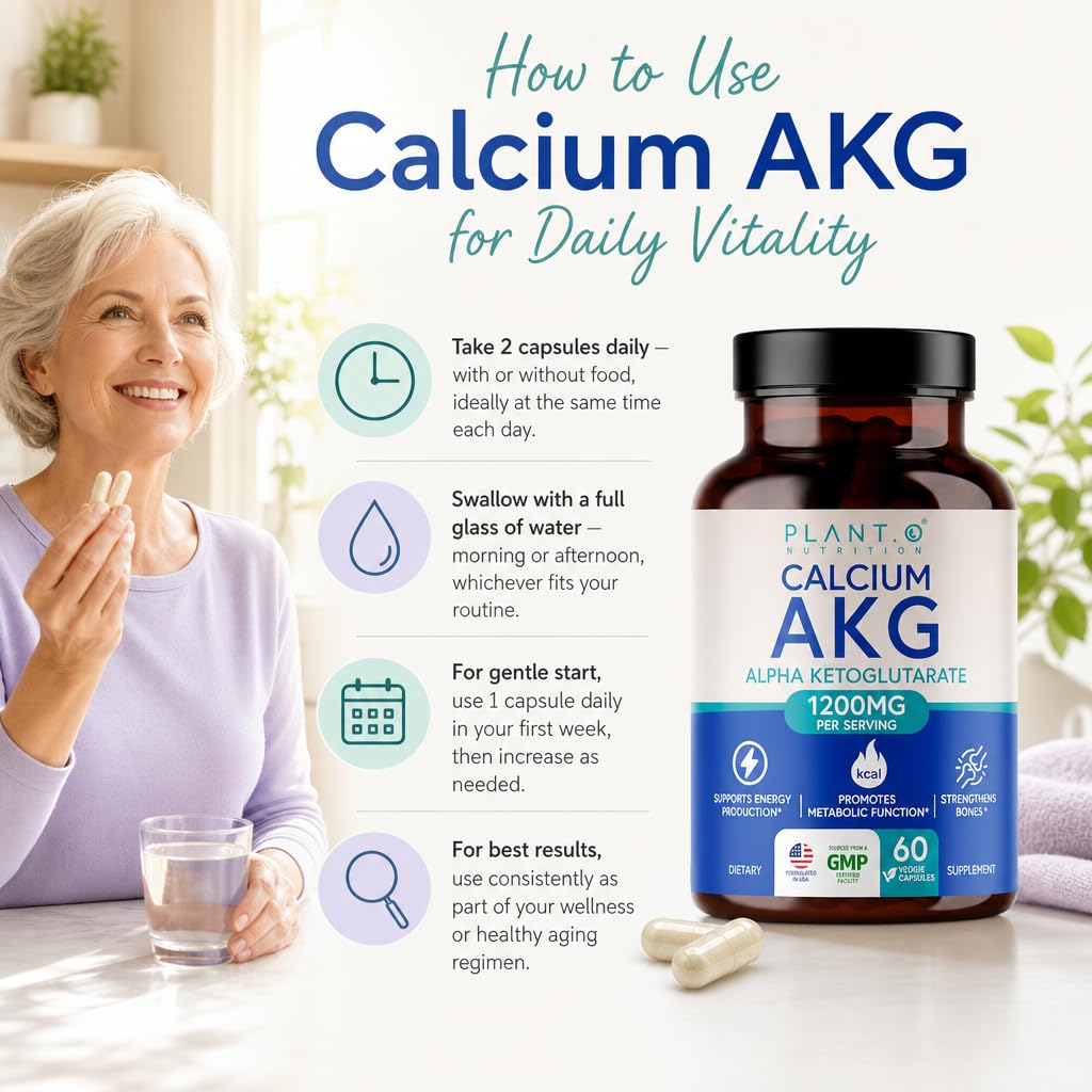 PLANT.O NUTRITION Calcium AKG (Ca-AKG) Monohydrate 1200mg Per Serving Calcium Alpha Ketoglutarate for Cellular Energy & Healthy Aging Support 60 Capsules