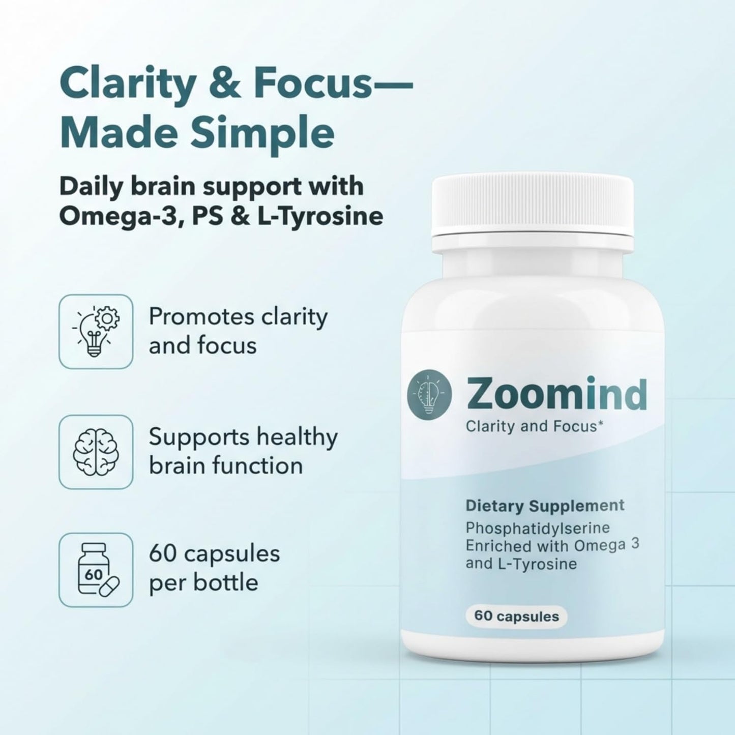 PHARMA SHAUL LTD Zoomind Brain Supplements for Focus and Clarity, 60 Capsules