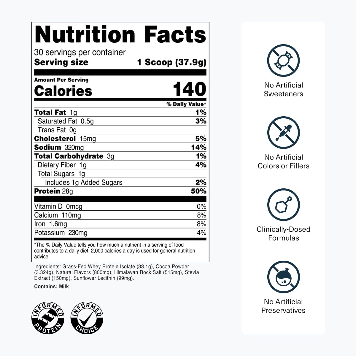 Transparent Labs Grass-Fed Whey Protein Isolate Powder, Naturally Flavored, Gluten Free, 30 Servings, Dark Chocolate