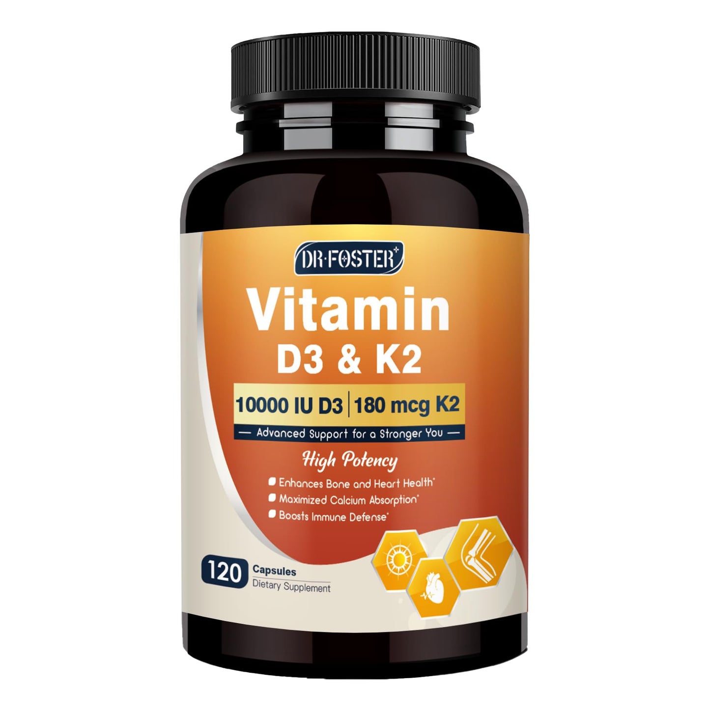 DRFOSTER Vitamin D3 K2, 10000 IU D3 + 180 mcg K2, Capsules, 120