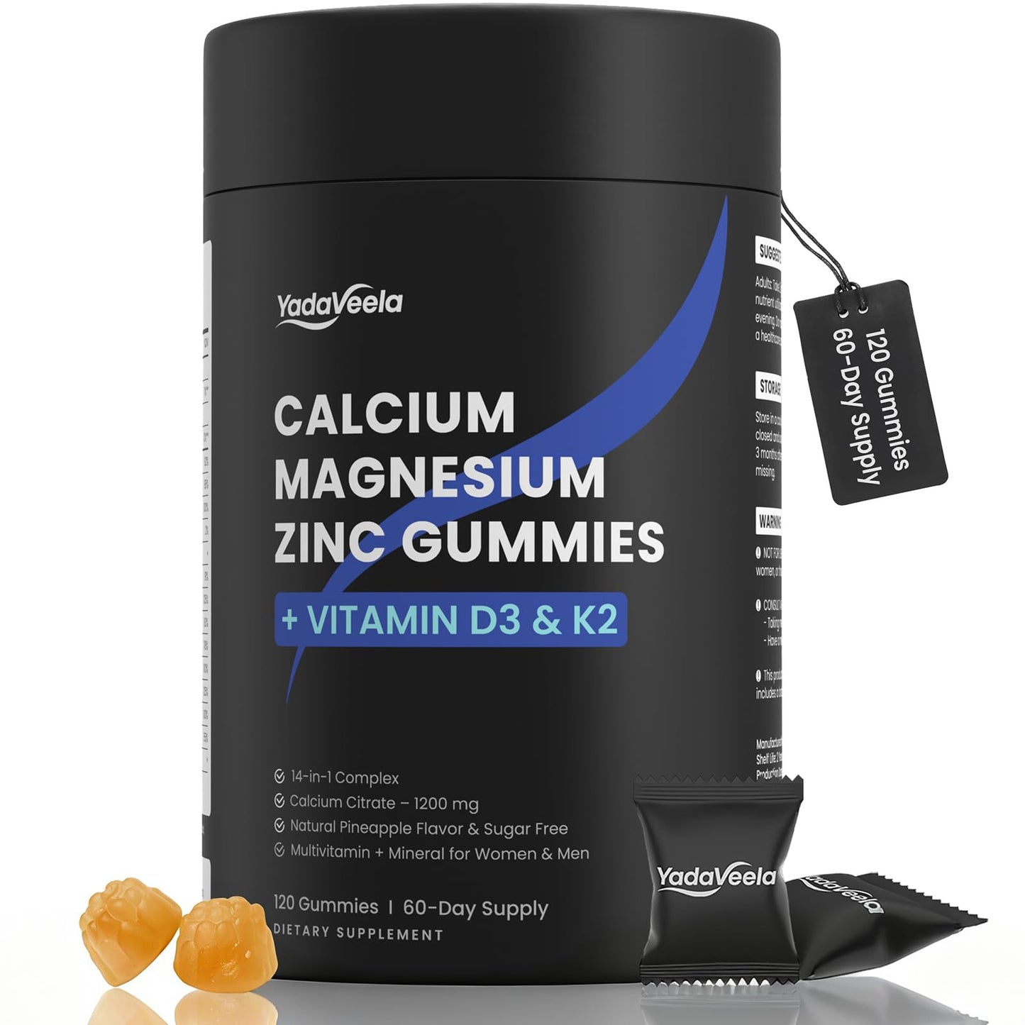 YadaVeela Calcium Magnesium Zinc Gummies with Calcium Citrate 1200 mg, Vitamin D3 & K2, Potassium Boron, for Women, Sugar Free, Vegan, 120 Count