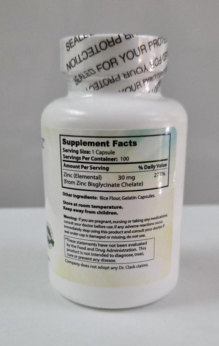 Dr Clark Store Zinc Bisglycinate Supplement 30 mg Capsules 100 Count