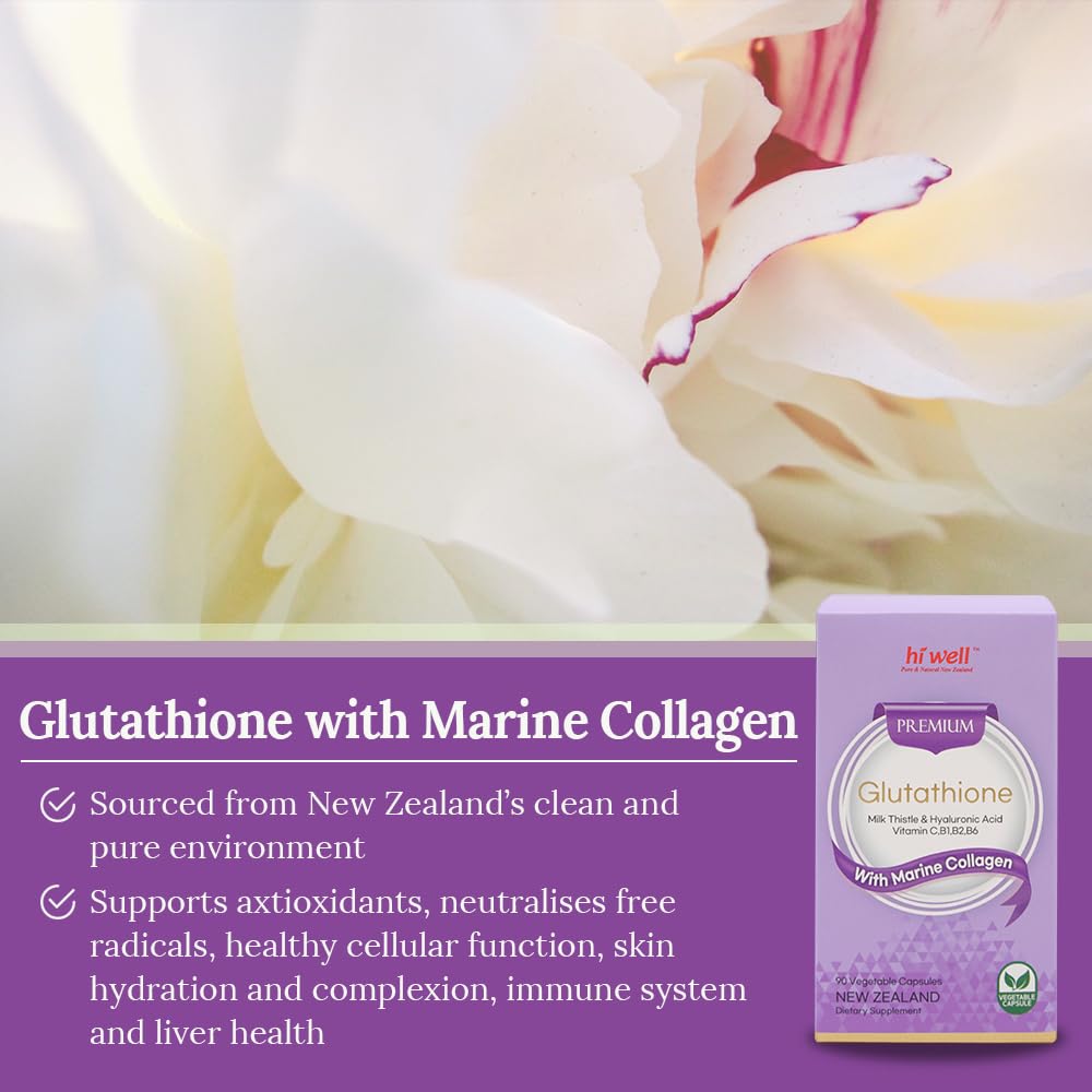 HI WELL PURE & NATURAL NEW ZEALAND Premium Glutathione with Marine Collagen Capsules 90 Count