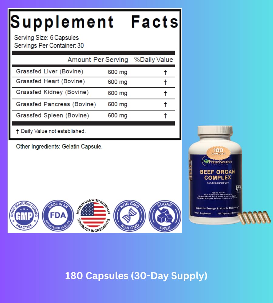 PrimoNourish Grass-Fed Beef Organ Supplement for Energy & Vitality 180 Capsules