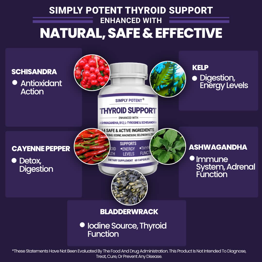 Simply Potent Thyroid Support & Adrenal Support Supplement 2-in-1 Natural Formula with Iodine & Ashwagandha, 60 Capsules