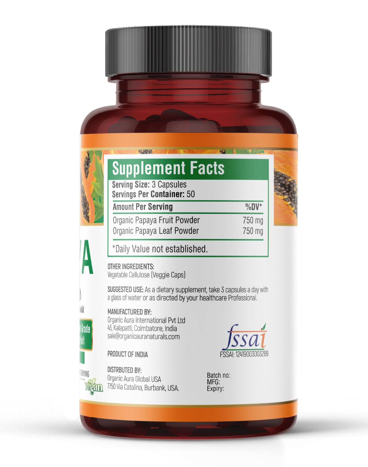 Organic Aura International Papaya Capsules with Benefits of Papaya Fruit & Papaya Leaf, 120 Veg HPMC Capsules