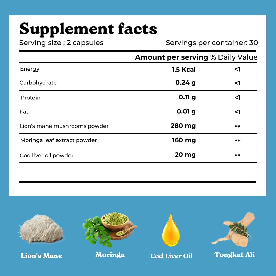 mars by GHC Lion’s Mane Powered with Moringa Powder & Cod Liver Oil, 60 Capsules