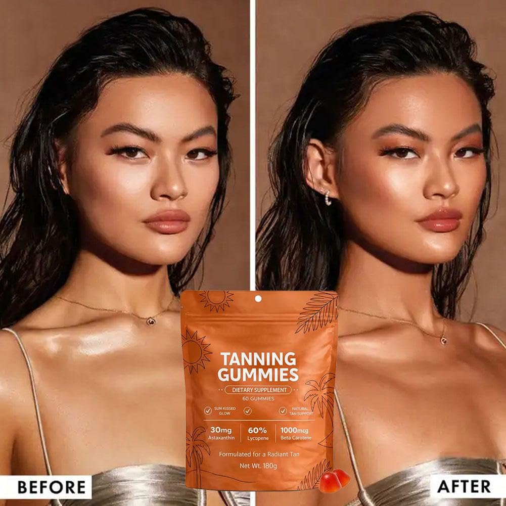 Prndkhn Skin Tanning Gummies with Vitamin C & E, Astaxanthin, Beta Carotene, Skin Radiance & Hydration for Natural Looking Glow, Vegan & Sugar Free, Bronzing, 60 Count