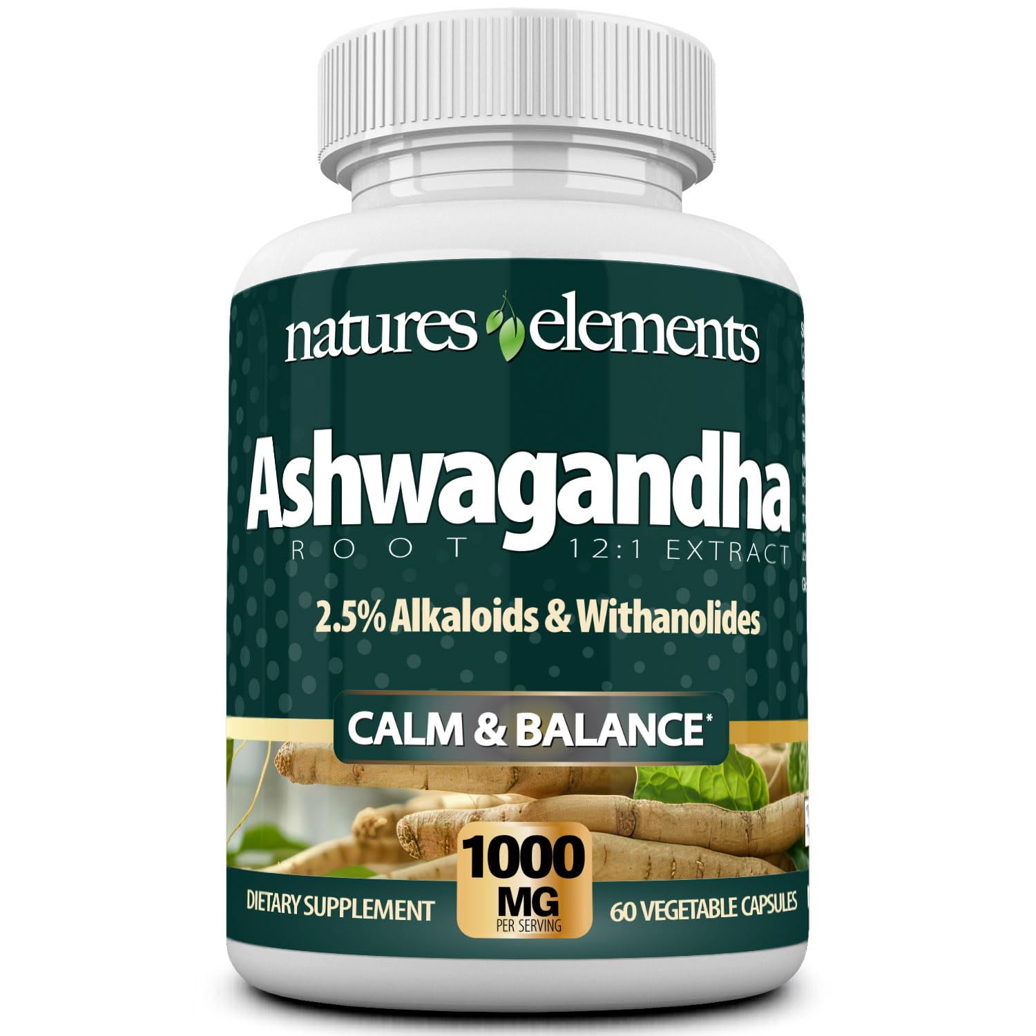 Natures Elements Ashwagandha Root 12:1 Extract 1000mg Vegetarian Capsules, 60 Count