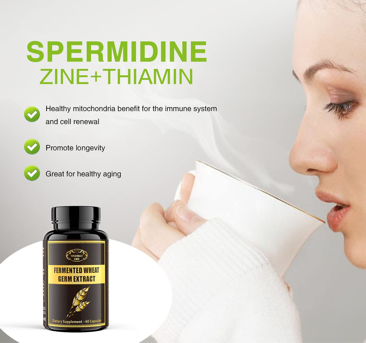 VITACRLLYNMN 1000mg Spermidine Supplements Fermented Wheat Germ Extract with Zinc 60 Capsules
